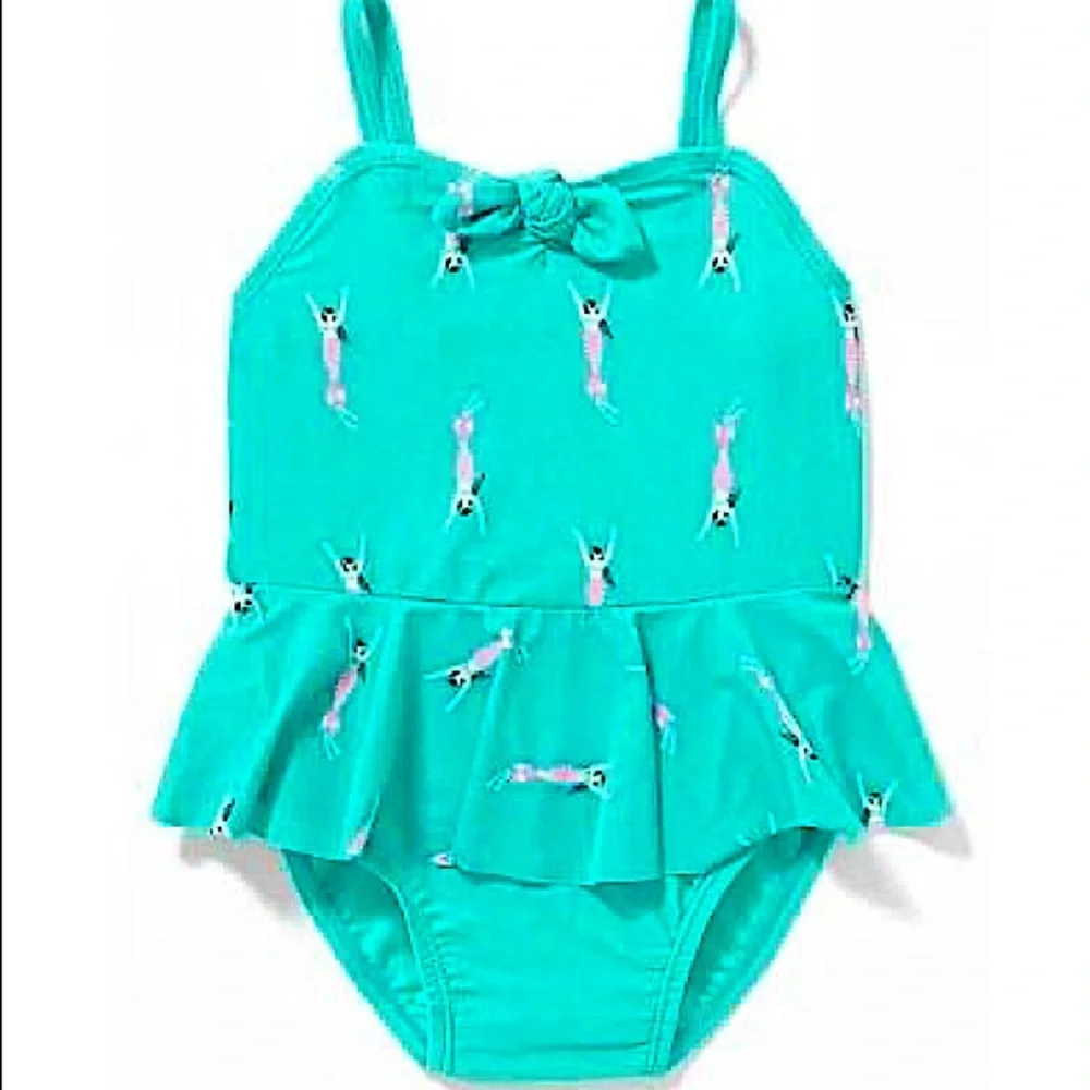10/$40 VGUC Mermaid Print Toddler One Piece Peplum Turquoise Ruffled Swimsuit_7